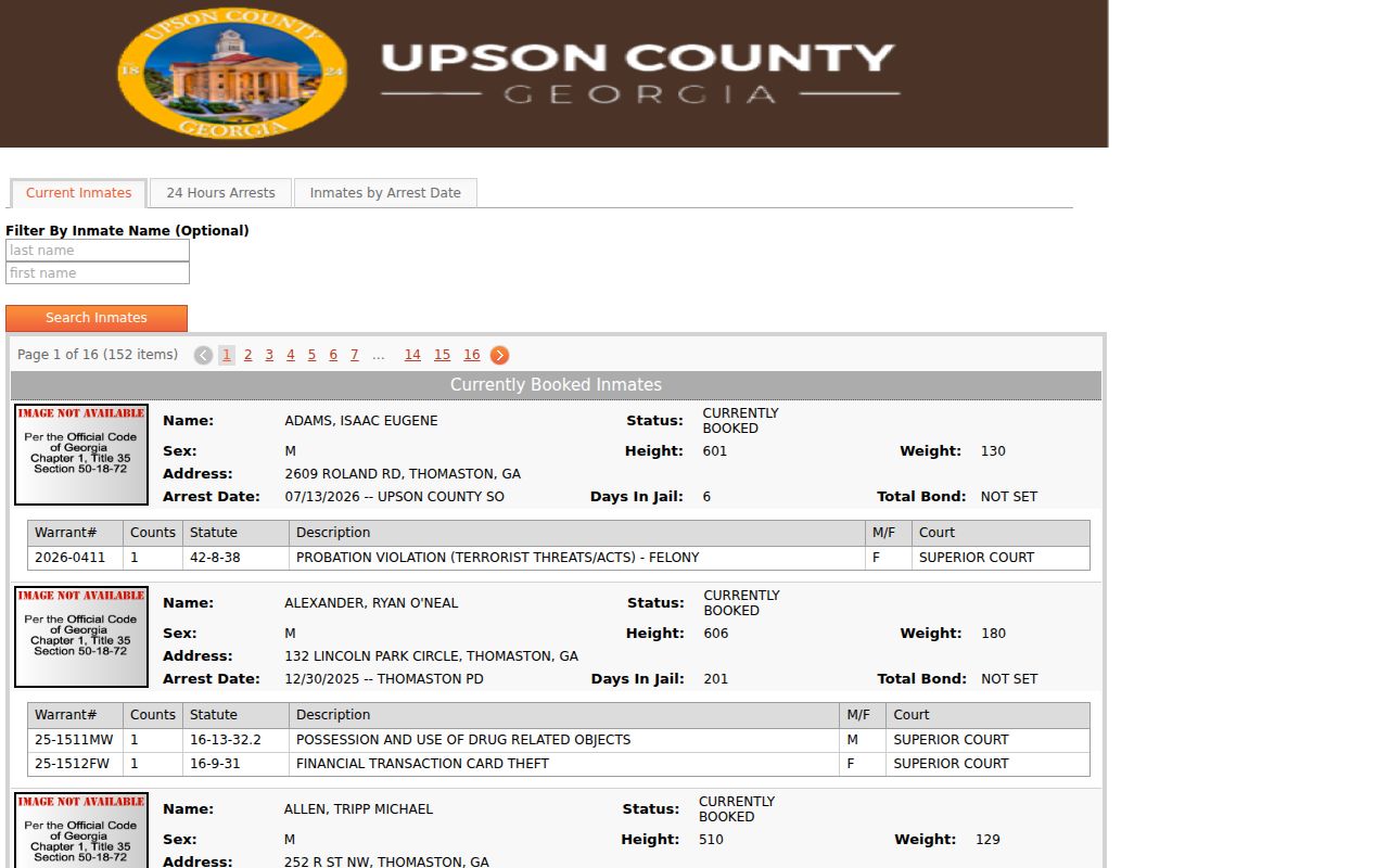 Upson County arrest search using the jail population interface